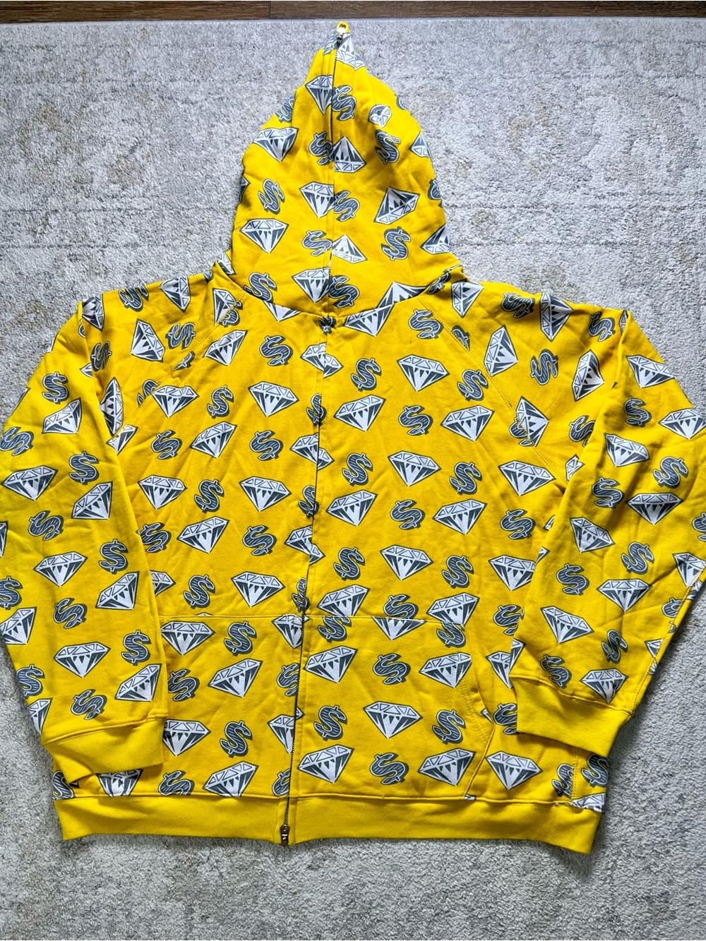 Vintage Billionaire Boys Club Diamonds Dollars Zip Hoodie Yellow 2XL Japan